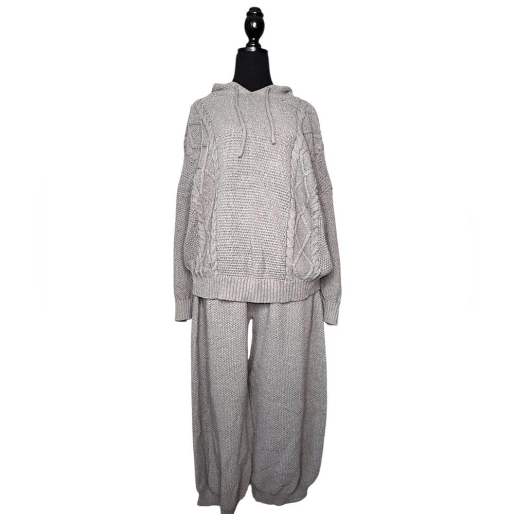 SHEIN Cable Knit Hoodie and Pants Set in Light Gray